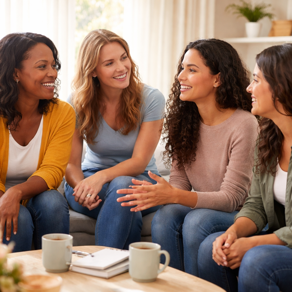 A group of friends talking and laughing together